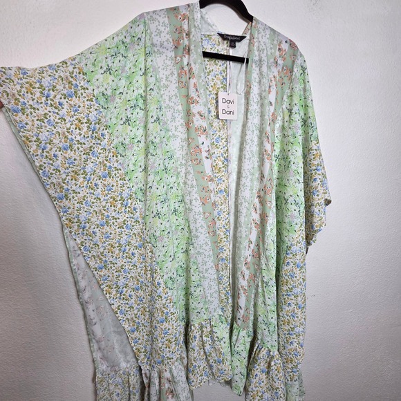 Davi & Dani Boho Cottagecore Green Open front duster mint green & white PLUS 3X - Picture 6 of 8